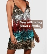 NOWA z metką Boohoo mini sukienka na ramiączkach rozm M/L cekinowa