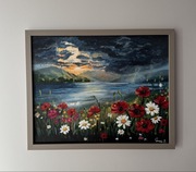 Pejzaż z kwiatami przed burzą. Akryl 40x50 oryginał w ramie