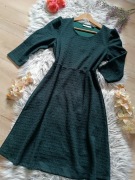 ENJOY M (38) Elegancka Rozkloszowana Sukienka Butelkowa Zieleń z Wzorem