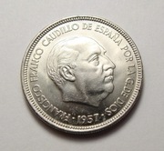 Hiszpania 5 pesetas 1957 W gwiazdce 75 PIĘKNA! Rzadka w tym STANIE!