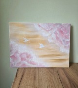 Obraz 30x40 pastelowy chmury ptaki ręcznie malowany akryl na płótnie