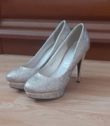 Szpilki złote brokatowe z platformą – eleganckie, rozm. 37 (bdb)