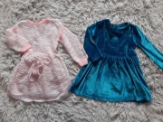 Dwie sukienki 92 morska biała różowa wełniana