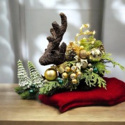 Świąteczny stroik dekoracja led renifer złoto zieleń  