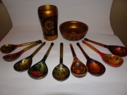 Ozdobne pojemniki i łyżki drewniane Chochłoma, Rosja, Ukraina, vintage