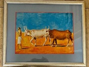 Obraz antyk (Egipt-Aster) malowany akwarelą, sygnowany, w złotej ramie 