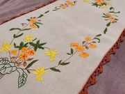 Ręcznie haftowany bieżnik lniany obrus len szydełko haft płaski vintag boho