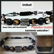 BRANSOLETKA RUNA STAL FEHU KAMIEŃ LAWA TYGRYSIE OKO NA WYMIAR PUDEŁKO 