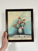 Obraz olejny martwa natura kwiaty w wazonie chłodne kolory