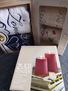 Zestaw ślubny kubki porcelanowe kukartka ręczniki oraz świece LED Tchibo 