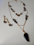 Dzień Matki Podwójny łańcuszek Czarno złoty Skrzący Lampwork zawieszka