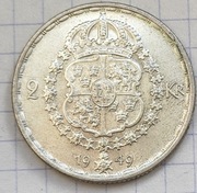 #2918 Szwecja 2 korony 1949 srebro piękna rzadsza UNC