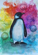 Biało-Czarna Tęcza Obraz Akwarela Pingwin Przewodnik Duchowy Czakry 21x30