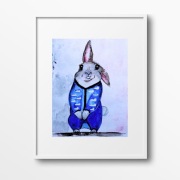 Akwarela oryginalna A4 "Królik w piżamie", dziecięca, chmury, zając