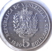 WENEZUELA 5 boliwarów 1990, Y# 53a.2, AU