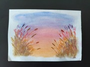 Akwarele obraz LATO sierpień zboże zachód wakacje słońce 15x21 ramka