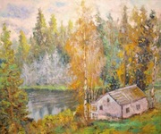 Olej/płyta 50x60. "Jesienna pora, dom nad jeziorem"