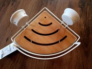 Nowa półka łazienkowa smukee biała drewniana wisząca na przyssawki narożna