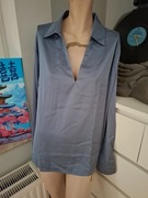 46 XXXL niebieska koszula satynowa dekolt v bluzka z długim rękawem zimowa