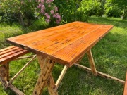 Zestaw ogrodowy – stół + dwie ławki | Ręcznie wykonany, palone drewno