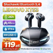 Słuchawki Bluetooth 5.4 Lenovo XT53 TWS|Game Mode|IPX4|USB-C|26h|Sportowe