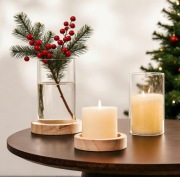 NUPTIO szklany świecznik cylinder z drewnianą podstawą 2 szt