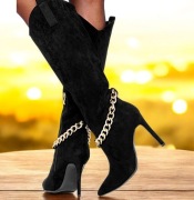 Buty czarne zamszowe z ozdobnym łańcuchem 36 szpilka kozaki oficerki 