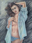 AKT KOBIETA  W KOSZULI - 30X40 olej płótno