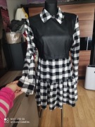 Sukienka czarno biała w kratę ekoskóra S 36