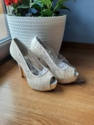 Czółenka Koronka Obcas Stiletto Otwarty Nosek