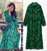 ZARA sukienka koszulowa z zielono-czarnym nadrukiem i falbanami, r. M