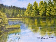 OBRAZ RĘCZNIE MALOWANY PEJZAŻ AKRYLOWY "NAD BŁĘKITNĄ WODĄ" - 24x30cm