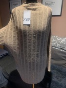 ZARA ażurowy długi sweter tunika oversize z metalizowaną złotą nicią