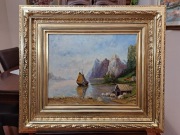 "Pejzaż z fiordami".Wilhelm Scheulen. Piękny obraz .Ol/tektura