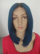 Peruka Lace Front, bob w kolorze niebieskim z czarnym odrostem, monotop