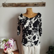 Bluzka damska M, rękaw 3/4, dekolt w łódkę, biało-czarna