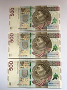 Trzy banknoty 500 zł seria AA kolejne numery
