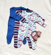 Piżama pajacyk body 3 pack Primark 56 62 niebieskie paski samochody bawełna