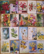 UNIKAT Kolekcja 38 kartek KWIATY BAZIE oryginał był malowany ustami / stopą