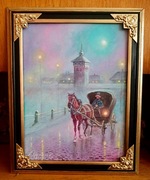 "KRAKÓW W DESZCZOWĄ NOC"- OBRAZ OLEJNY NA PŁÓTNIE  44x34 