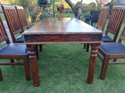 Stół 6 krzeseł komplet obicie skórzane drewno tekowe