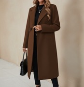 Brązowy elegancki płaszcz długi garnitur z paskiem klasyczny + GRATIS