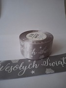 Wstążka tasiemka świąteczna srebrna z napisem szer.38 mm; dł.22 m