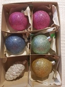 Bombki z PRL, 6 sztuk, brokatowe vintage PRL