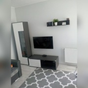 Zestaw witryna szafka rtv półka biel szarość 