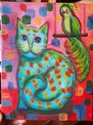 A. Maj. OBRAZ OLEJNY Kot i papuga 30x24 cm BCM