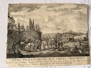 Miedzioryt XVIII wiek scena myśliwska Jeremia Wachsmouth rycina grafika