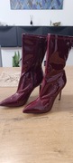 Bordowe kozaki lakierowane na szpilce – błyszczące, eleganckie, r. 41