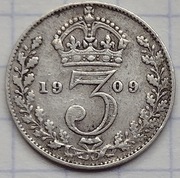 0410 Wielka Brytania 3 pensy 1909 srebro ładna!