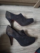 Graceland czarne buty na obcesie szpilce z cekinami czerwona podeszwa